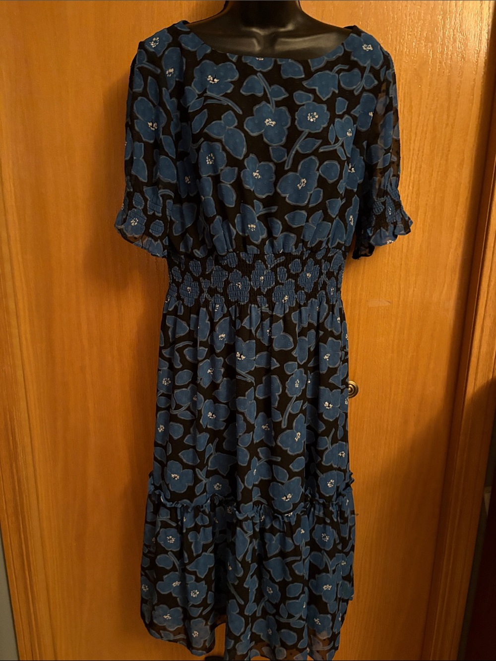 Blue Floral Smocked-Waist Midi Dress - Women's